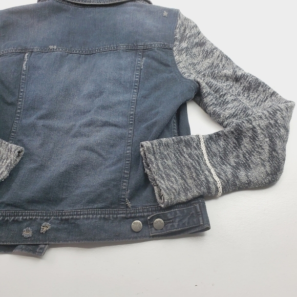 Free People Women Denim Black Jacket Large Mixed Media Hooded Lightly distressed - Picture 2 of 12